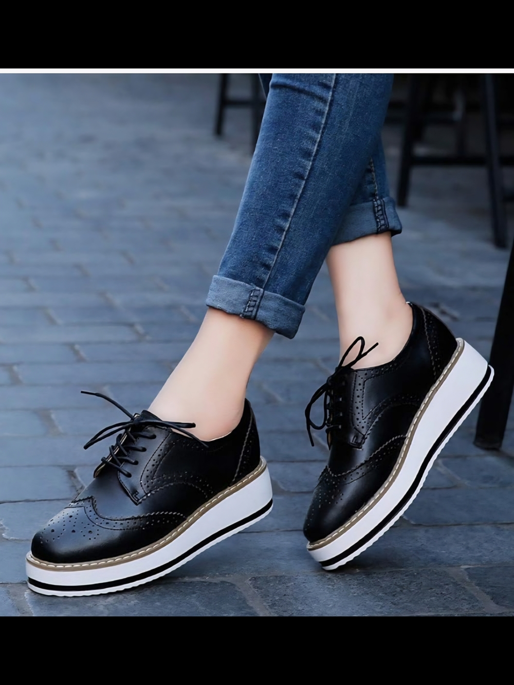 Black Lace-Up Platform Wingtip Oxfords for Women